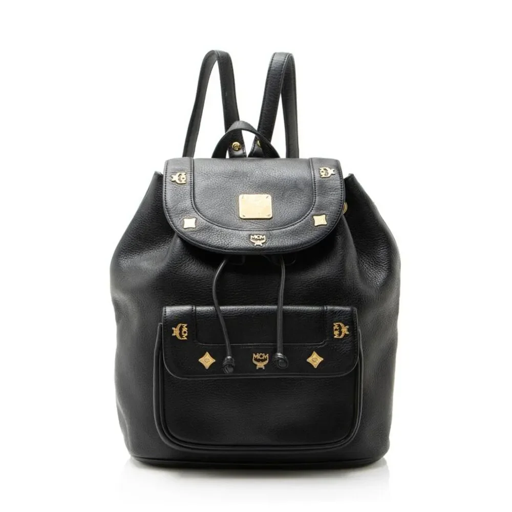 MCM Vintage Leather Logo Charms Drawstring Backpack